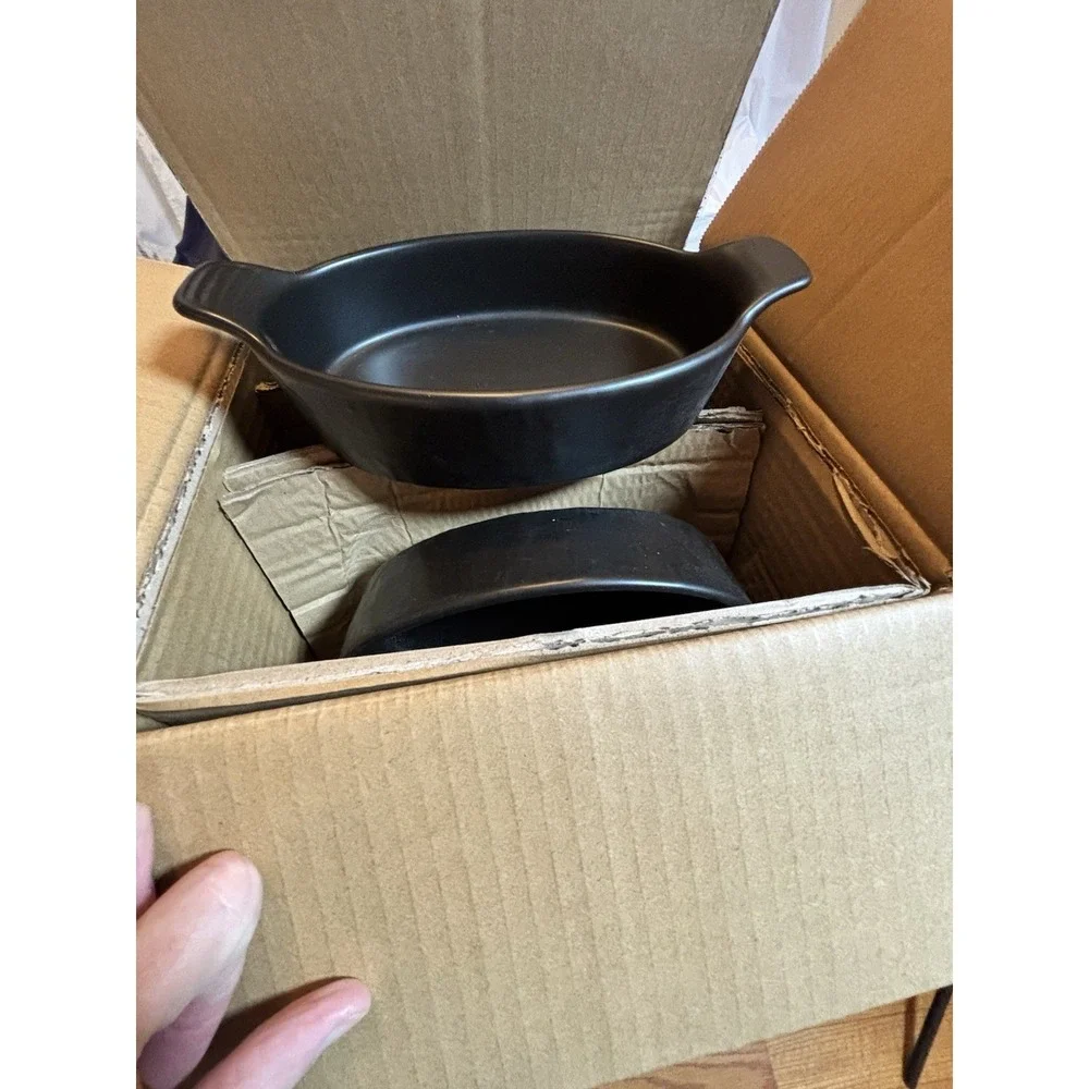 Set of 4 Black Ceramic Oval Au Gratin Baking Dishes Handled 8 Inch